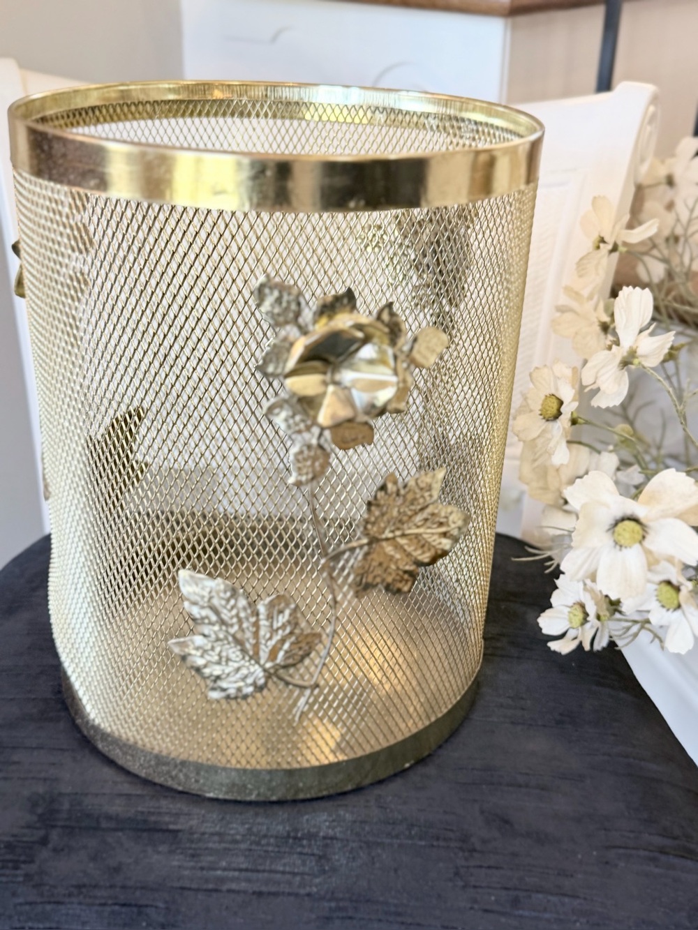 Mcm Gold Metal Hollywood Regency Trash Can. 11.5” Glam Rose Mesh Wastebasket.